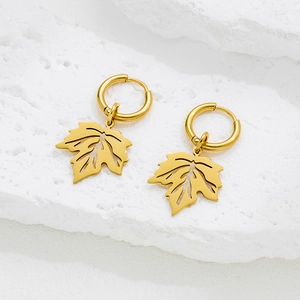 Maple Leaf Pendant Hoop Earrings Stainless Steel Hollow Leaf Minimalist French Design For Women Gold Silver Color