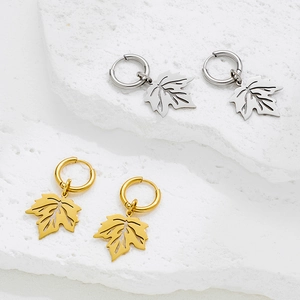 18K gold and silver maple leaf pendant hoop earrings in stainless steel on stone
