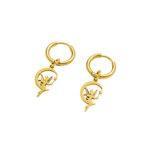 Golden fairy and moon silhouette hoop earrings in polished stainless steel