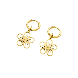 Minimalist gold stainless steel hollow flower pendant hoop earrings for women