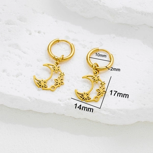 Boucles d'oreilles créoles dorées en acier inoxydable avec pendentif lune et fleur