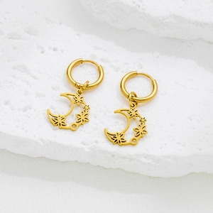 Boucles D'oreilles Créoles En Acier Inoxydable Avec Pendentif Fleur De Lune Plaqué Or Style Coréen Pour Femme