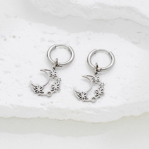 Boucles d'oreilles créoles minimalistes en acier inoxydable avec lune et fleurs