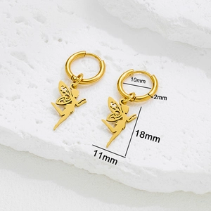 Golden stainless steel hoop earrings featuring butterfly fairy silhouette pendants