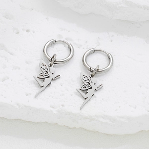 Silver hollow butterfly fairy charm hoop earrings in polished stainless steel for women