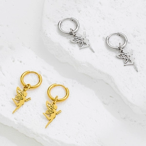 Polished stainless steel hoop earrings with fairy pendants in gold and silver finish