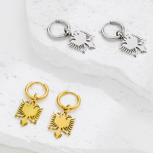 Polished stainless steel double-headed eagle pendant hoop earrings in gold and silver