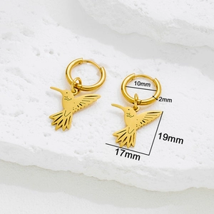 Golden hummingbird pendant earrings made of stainless steel with 10mm inner diameter hoops