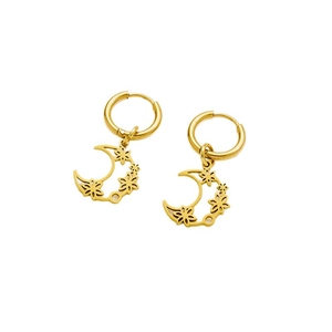 Boucles d'oreilles créoles en acier doré minimaliste avec pendentif lune évidé