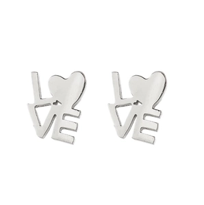 Minimalist silver stainless steel LOVE stud earrings with heart-shaped O-letter design