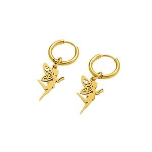 Golden stainless steel fairy drop earrings with dainty wings and circular hoop charms