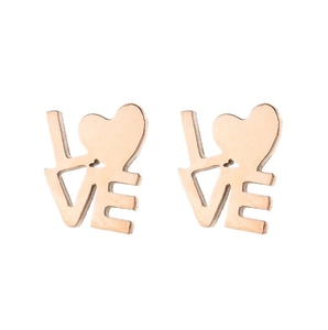 Minimalist rose gold LOVE studs with heart-shaped O-letter in a symmetric layout