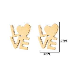 Golden stainless steel LOVE heart studs, minimalist earrings sized 7mm by 6mm