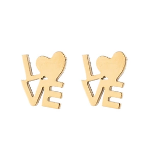 Detailed view of gold-plated LOVE stud earrings with stacked letters and heart symbol