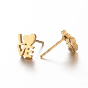 Minimalist gold LOVE earrings with heart detail shown from front and side angles