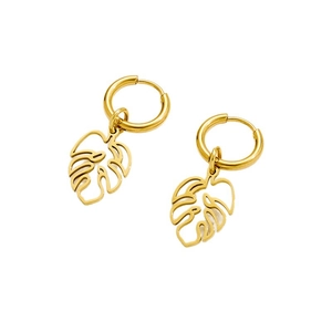 Boucles d'oreilles créoles minimalistes en acier doré 18K avec pendentif feuille de palmier