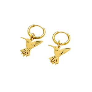 Golden hummingbird drop earrings in stainless steel with minimalist textured bird charms