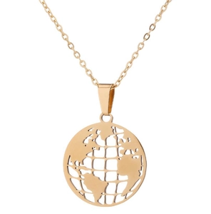 Macro detail of golden world map hollow pendant with elegant circular cutout design