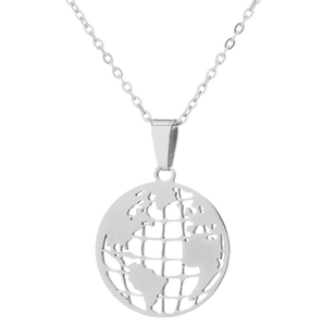 Macro detail of silver globe pendant featuring laser-cut world map on stainless chain