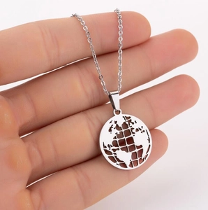 Globe silhouette pendant necklace in silver stainless steel with delicate O-chain