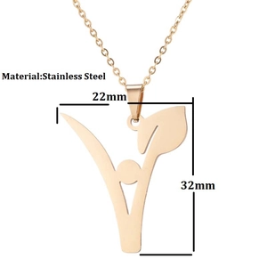 Golden stainless steel necklace featuring a cutout V-letter and plant leaf pendant design