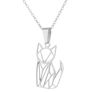 Macro shot of silver origami fox pendant with geometric cutout design on a thin chain
