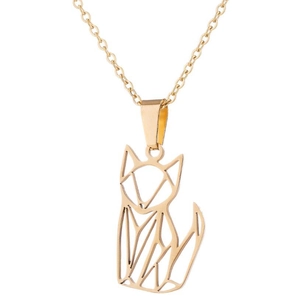 Detailed macro view of a gold-colored hollow origami fox pendant necklace on thin chain