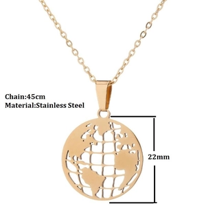 Gold stainless steel globe pendant necklace with hollow world map design, 45cm chain