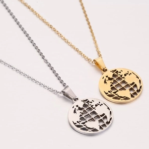 Chic stainless steel world map globe pendant necklace available in gold and silver finish