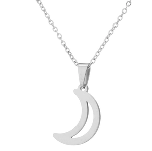 Detailed view of the minimalist silver crescent moon pendant with a fine cable chain necklace