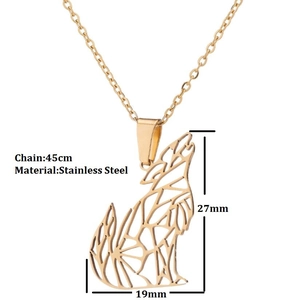 Golden stainless steel howling wolf pendant necklace with geometric cutout design