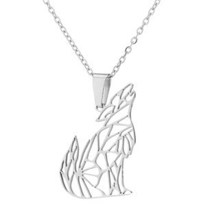 Detailed view of silver howling wolf geometric cutout pendant necklace in stainless steel
