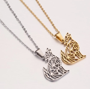Modern geometric hollow wolf pendant necklaces in gold and silver polished stainless steel