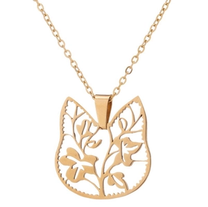 Hollow Cat Head Pendant Necklace Stainless Steel Floral Leaf Pattern Fashion Jewelry Gift For Women
