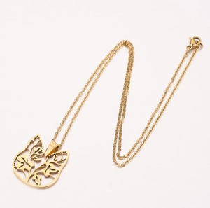Minimalist gold flower cat pendant necklace with intricate cut-out floral design for women