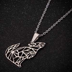 Polished silver stainless steel howling wolf geometric hollow pendant necklace with chain