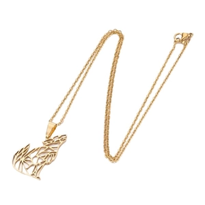 Polished gold stainless steel necklace featuring a geometric hollow howling wolf pendant