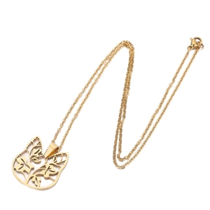 Hollow cat head pendant necklace in gold finish with delicate floral and leaf motifs