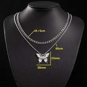 Collana hip hop a doppio strato con ciondolo a farfalla argento e catena a maglie grosse
