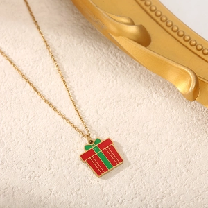 Gold stainless steel necklace with a festive red and green enamel gift box pendant