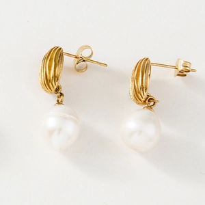 Elegant gold shell texture stud earrings with dangling round white freshwater pearls