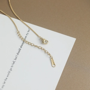 Détail macro du fermoir mousqueton doré et de la chaîne d'extension avec marquage 14K