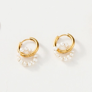 Boucles d'oreilles créoles vintage en acier inoxydable avec perles blanches amovibles