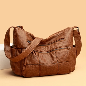 Brown soft leather tote bag with large capacity and natural lychee texture