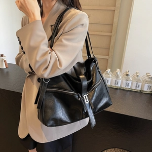 Sac fourre-tout noir grande capacité tendance avec doubles zips et sangle à boucle métal