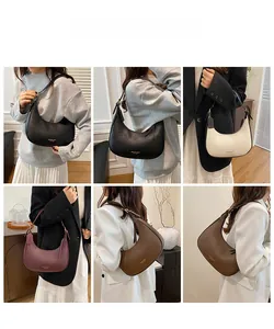 Collage of leather hobo bags in four colors with gold logo and shoulder strap