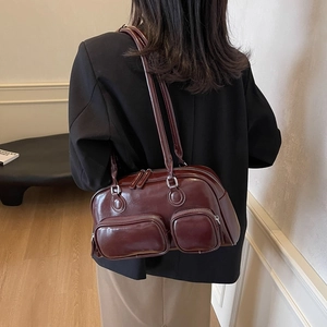 Vintage burgundy faux leather underarm bag with double zipper front pockets in oil wax finish