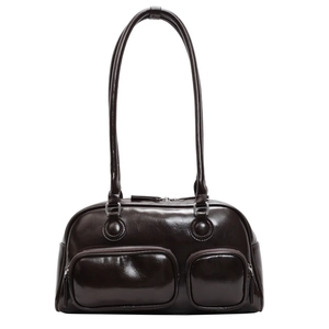 Retro dark brown oil wax leather shoulder bag with dual front zipper pockets