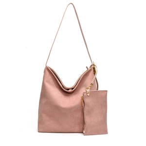 Pink matte suede large hobo shoulder bag set with matching zipper pouch for women