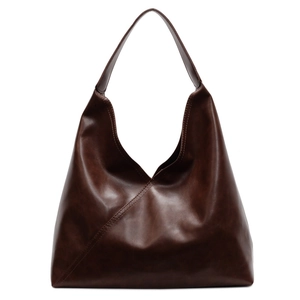 Fashionable dark brown leather tote bag with stylish geometric stitching for women